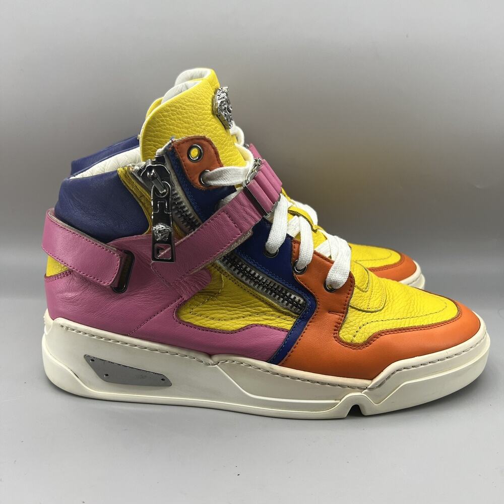 Versace Spring 2015 Shoes Men Size 10 US, 43 EU Yellow Pink Zip Strap Sneakers